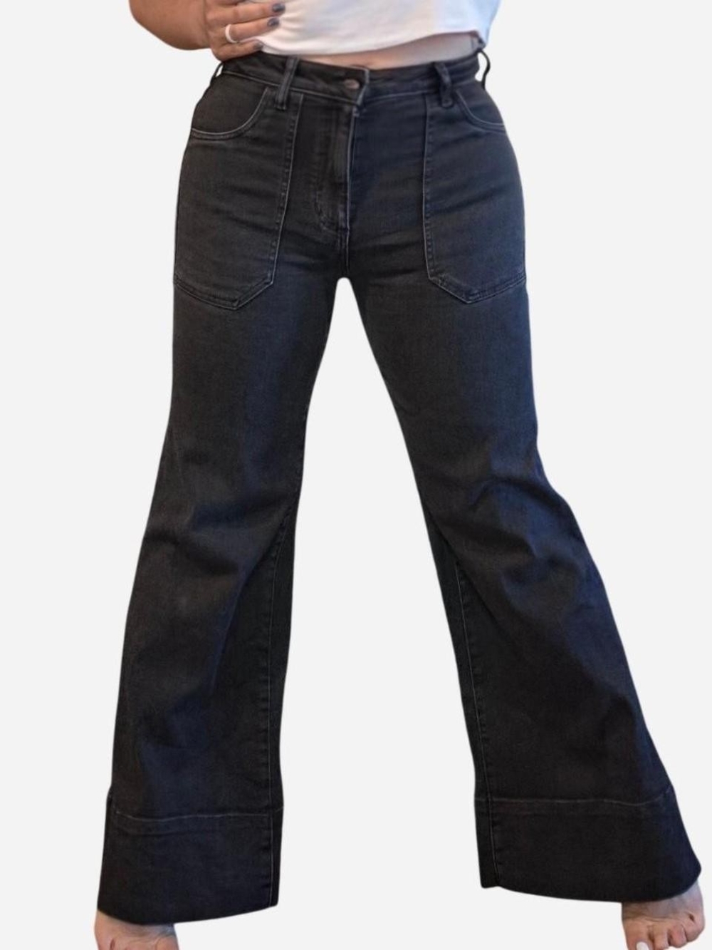 Pilcro By Anthropologie Black Patchwork Utility High-Rise Wide-Leg Jeans Sz 28